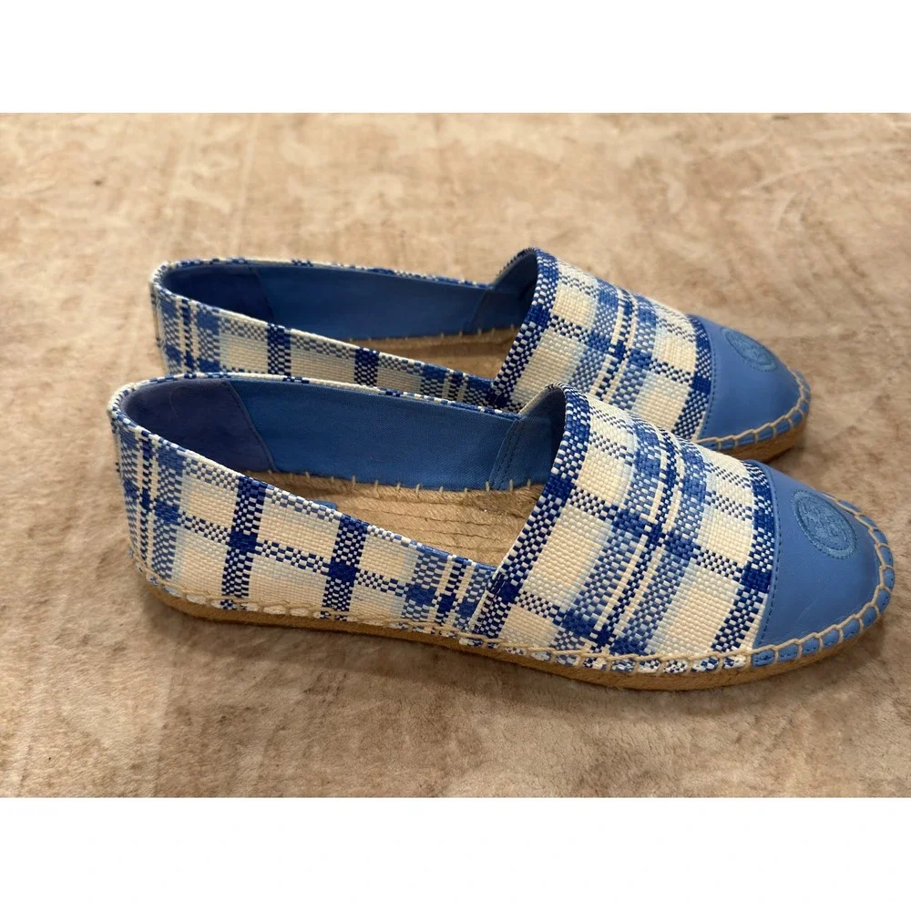 NWT Tory Burch Color Block Flat Espadrille Blue Check Plaid Chambray 7.5